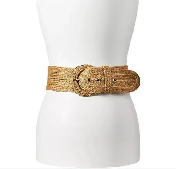 Anthropologie Wide Woven Jute Belt Gold Metallic Thread Natural NWT MSRP $80