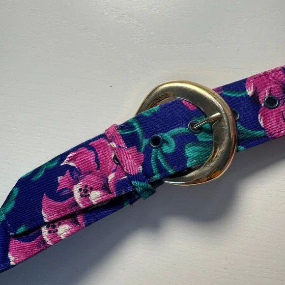 Vtg 80s Blue Floral Wide Waist Fabric Belt Gold Buckle Pink Botanical Maximalist