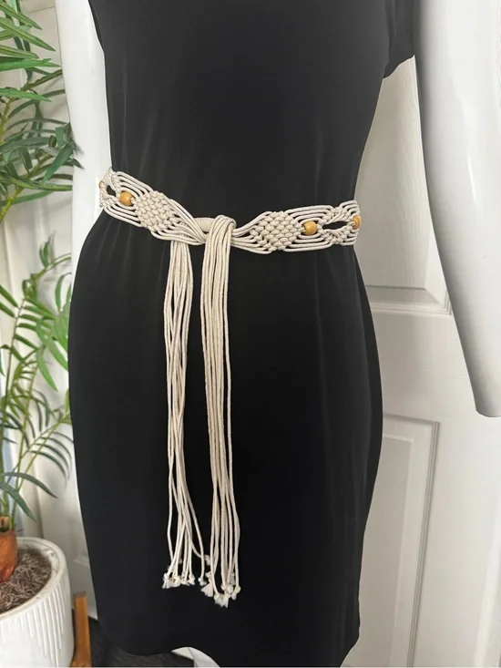 Boho Macrame Tie Belt in Cream with Wooden Beads