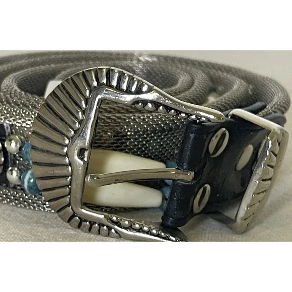 Vintage Silver Tone Mesh Belt Turquoise Bead Western Boho‎ Statement Belt AS IS