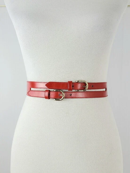 Red Corset Style Double Buckle Genuine Leather Vintage Belt