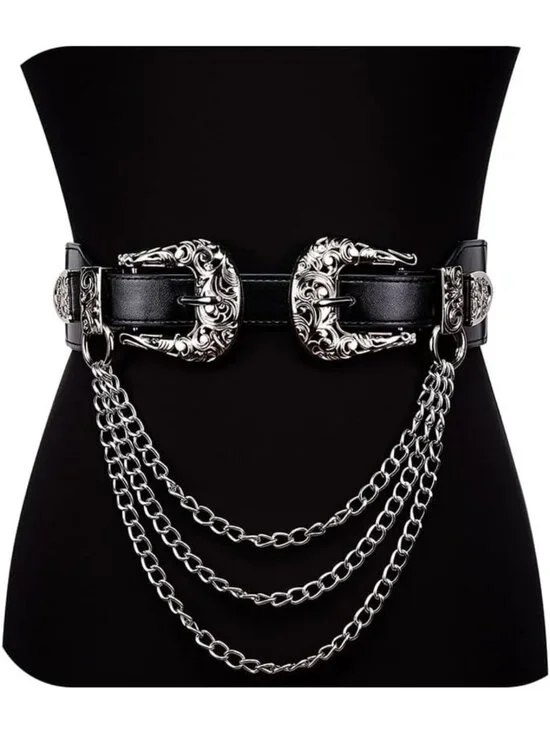 Vintage Western Leather Belt with Chain, Adjustable Double Buckle for Women’s