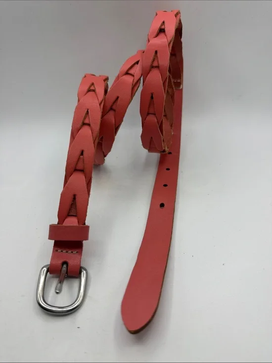 Coral Pink Skinny Braided Waist Belt | Salmon Pink Woven Belt S/M