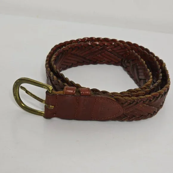 Fossil Braided Genuine Leather Women's Belt L‎ 38 Double Keeper Brown BT7901