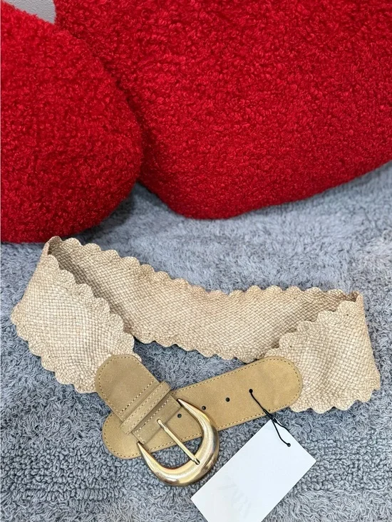 NWT Zara Wide Stretch Woven Belt Gold Buckle Beige Size 85
