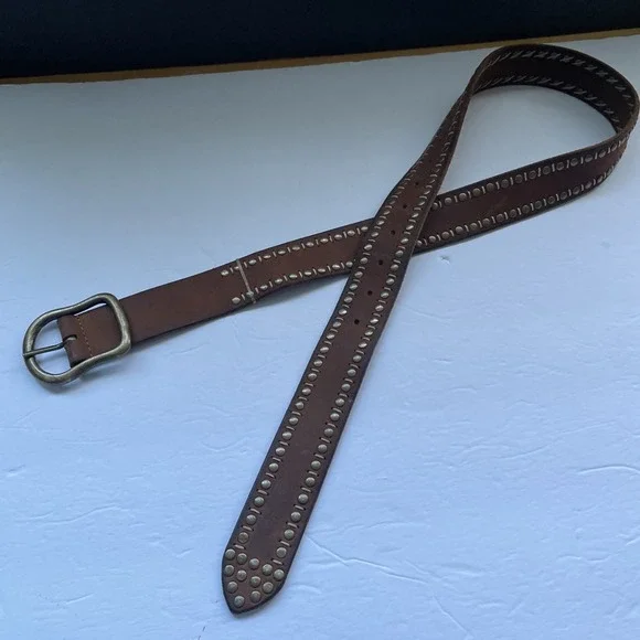 We The Free Alpine Studded Leather Belt Brown Brass Buckle M Boho Festival Y2K