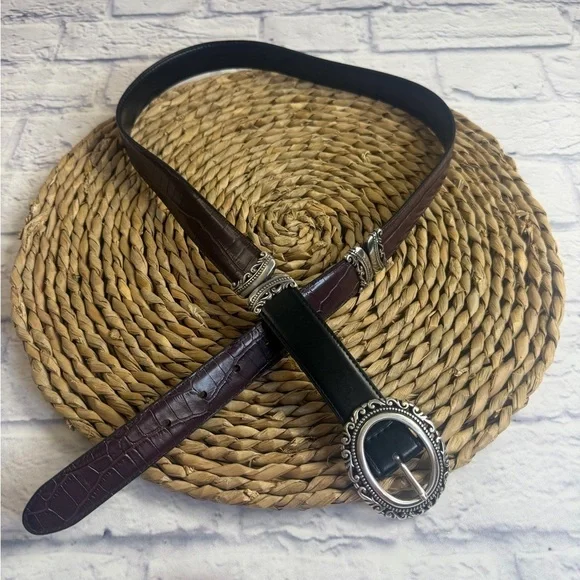 Brown Women's Belt with Ornate Silver Buckle. Size M/L.