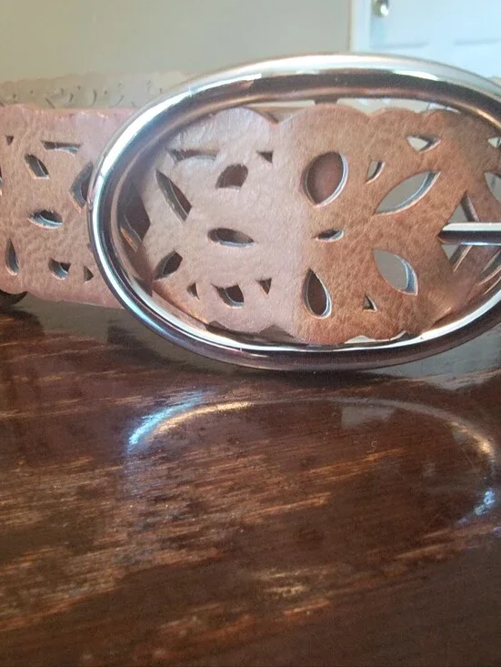 Vince Camuto Brown Floral Cutout Leather Belt with Silver Oval Buckle