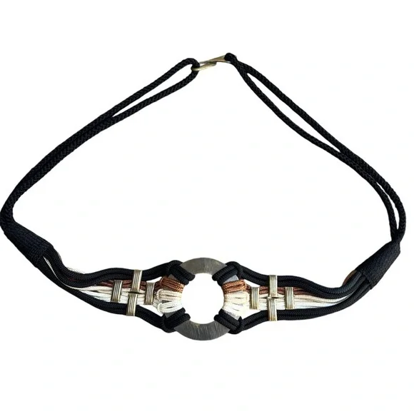 Rope Braid Beaded Black‎ & Neutral Waist Belt w Gold Silver Medallion 42