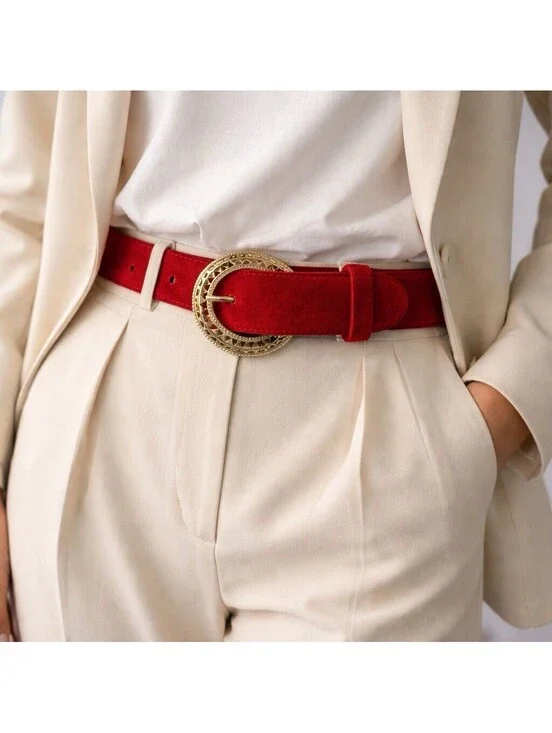 Vintage Liz Claiborne Red Suede Belt Gold Buckle 80s Medium Classic