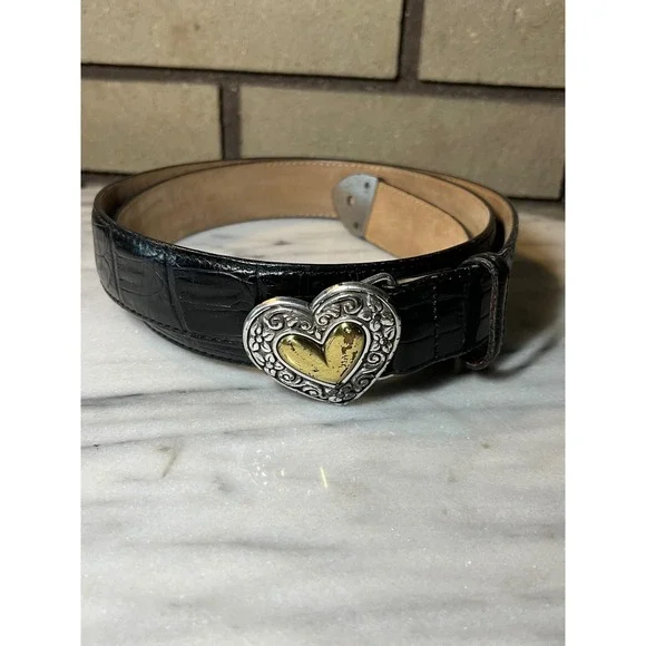 Brighton Black Croc Embossed Leather Heart Buckle Belt 2X VTG Made in USA