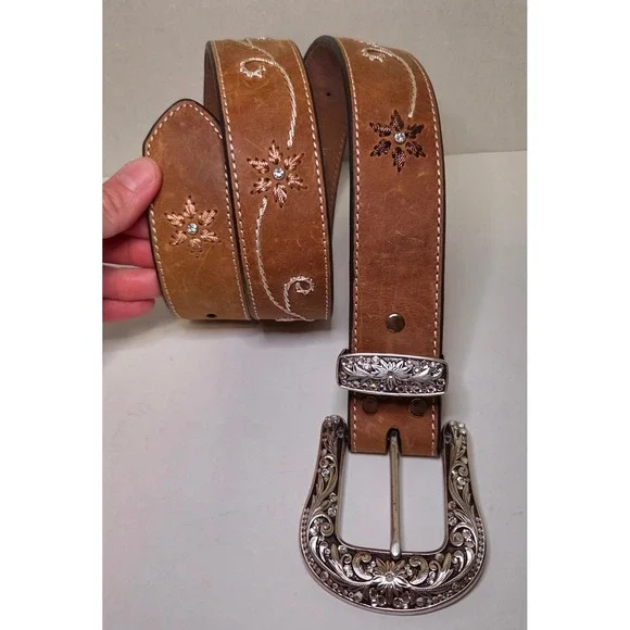 Nocona Floral Rhinestone Embroidered Leather Western Belt Brown S Country Chic