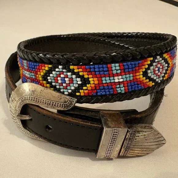 Vintage 1991 Beaded Leather Belt 36 Southwestern Western Westerncore cowgirl