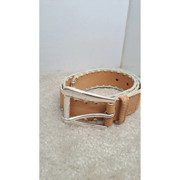 MICHAEL KORS Leather Belt Tan Beige Cream Whipstitch BOHO Silver Buckle Women M