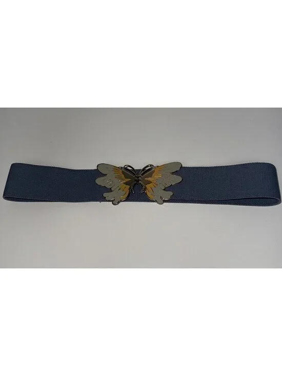 Vintage 70s 80s Enamel Butterfly Buckle Blue Elastic Stretch Waist Belt