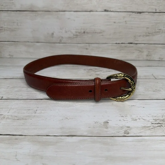 Talbots Brown Leather Belt Women Sz S Made In USA Ornate Gold Sculptural Buckle
