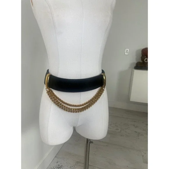 Doncaster Vintage Black Leather Wide Waist Belt Gold Triple Chain Detail USA M