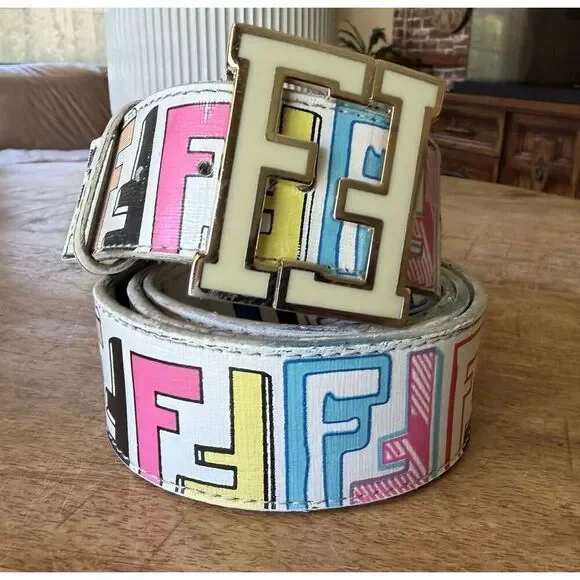 Vintage Fendi Multicolor FF Logo Leather Belt Made in Italy