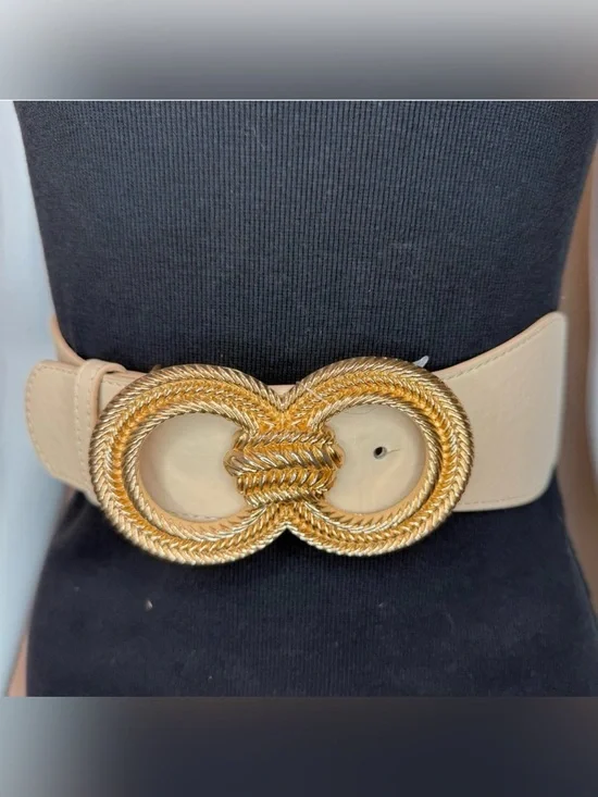 Beige PU leather elastic waistband double circle buckle belt