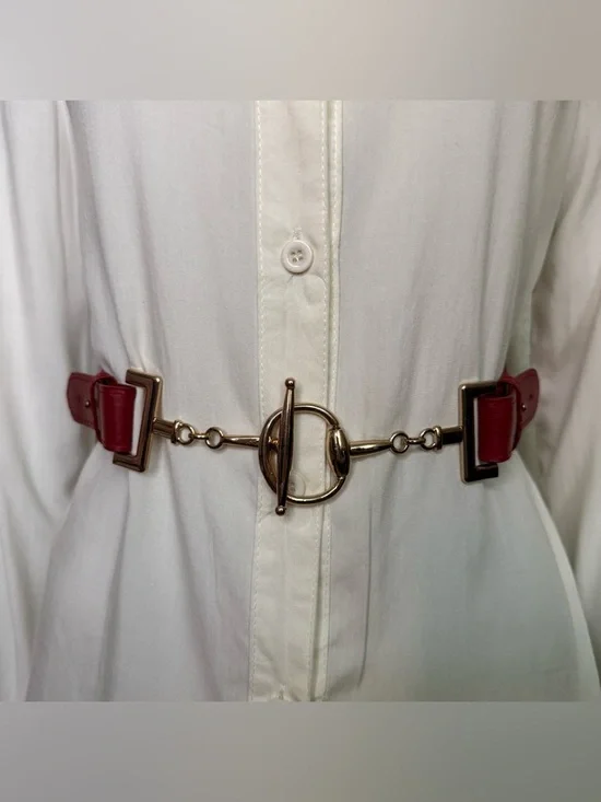 Burgundy braided PU leather elastic waistband skinny belt with gold tone buckle
