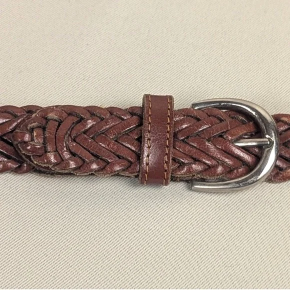 Sm Vintage Brown Braided Genuine Leather Belt Silver Buckle Woven Boho Unisex