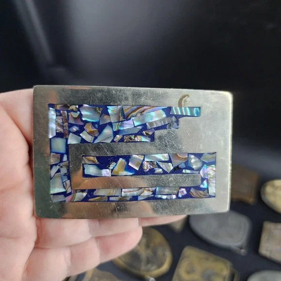 Vintage Mexico Alpaca Silver Abalone Inlay Mosaic Belt Buckle Handmade