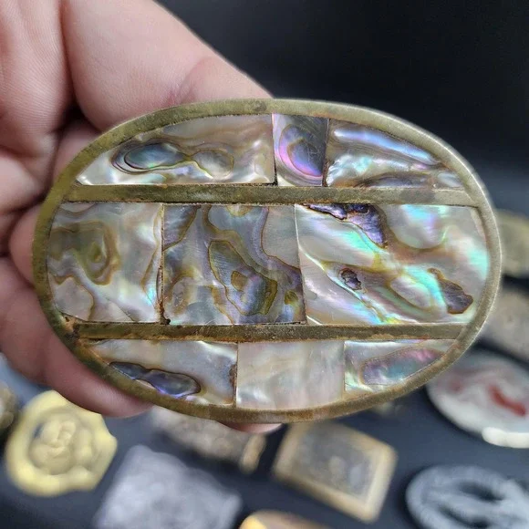 Vintage Brass and Abalone Inlay Mosaic Belt Buckle Handmade