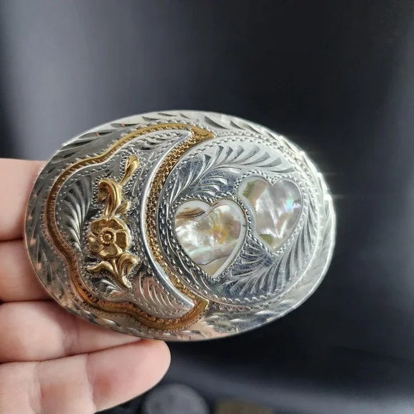 Vintage Belt Buckle Floral Flower Western Scroll and Mother of Pearl Hearts