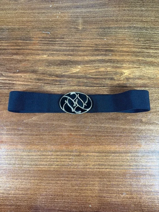 Vintage Elastic Black Waist Belt with Decorative Gold-Tone Oval Buckle