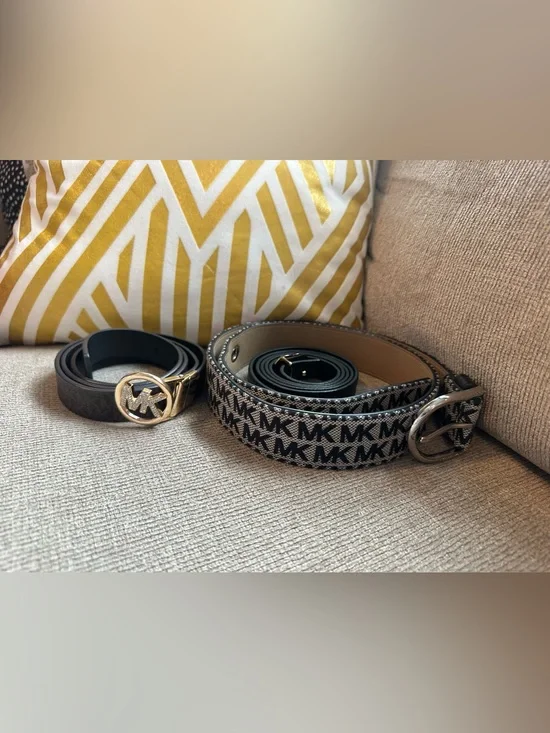 Michael Kors Black and Beige MK Logo Belts with Gold and Silver Buckles