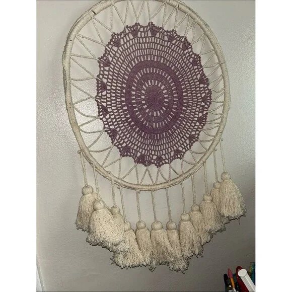 Handmade Boho Wall Hanging with Purple Crochet Center