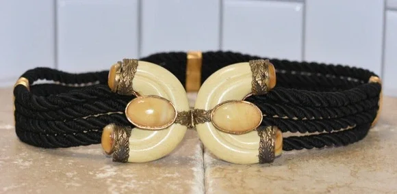 Vintage Sonia Petroff Aries Jeweled Cabochon Buckle Twisted Black Cord Belt