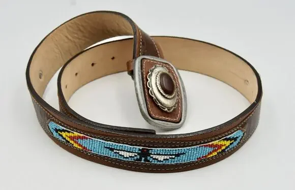 STREET AHEAD Beaded Western Leather Belt Embellished Buckle Size Small