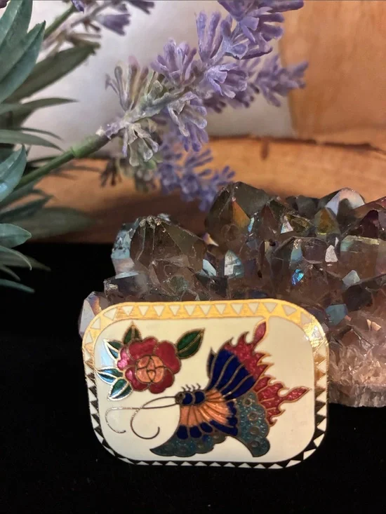 Vintage Multicolor Enamel Cloisonné Butterfly Belt Buckle