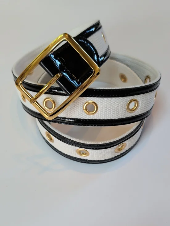 Classic White Canvas Belt With Black Patent Trim & Gold Tone Grommets And Buckle