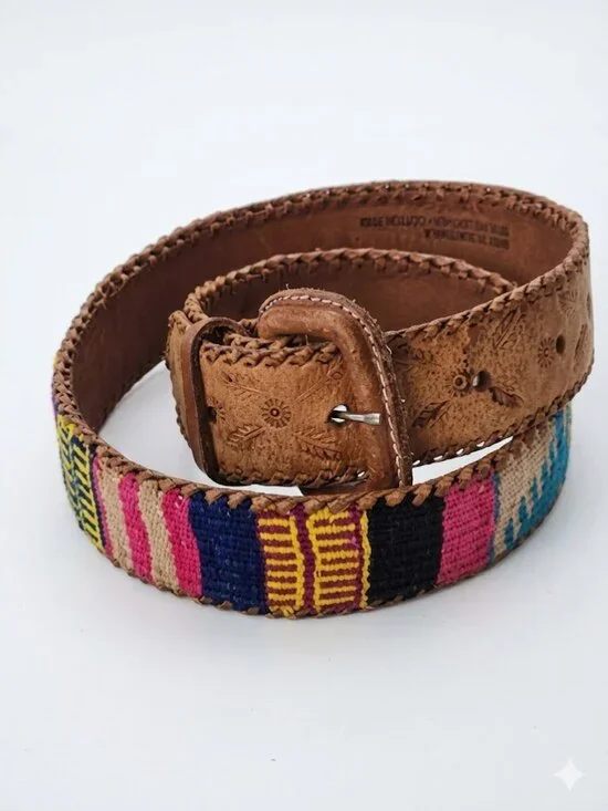 Vintage Guatemalan Handmade Leather & Woven Textile Belt Tan Multicolor Size 30
