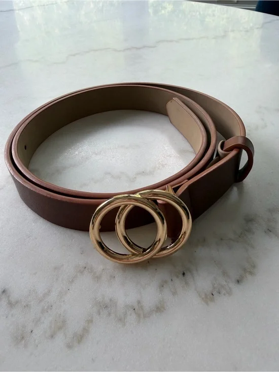 Ann Taylor Cognac Brown Belt with Gold Double-Ring Buckle
