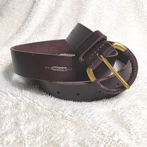 Lucky Brand Leather Belt Brown Beaded Inserts Round Wrapped Buckle Women Small