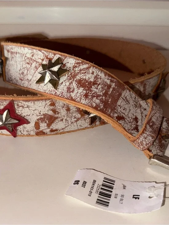 Brown and White Distressed Leather Star Stud Belt