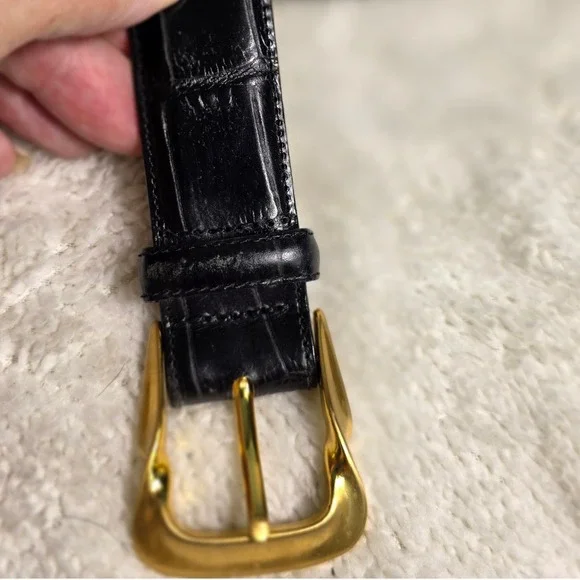 Brighton Belt Black Croc Embossed Calfskin Leather Gold Buckle Womens Medium NEW
