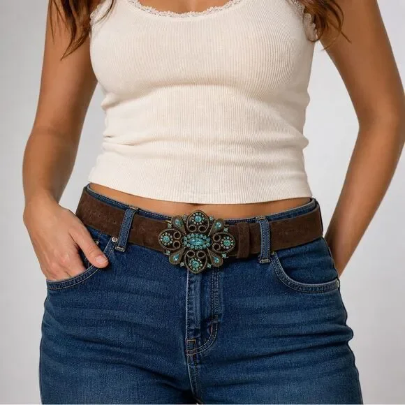 Lane Bryant Brown Genuine Leather Belt with Turquoise Floral Concho Buckle 18/20