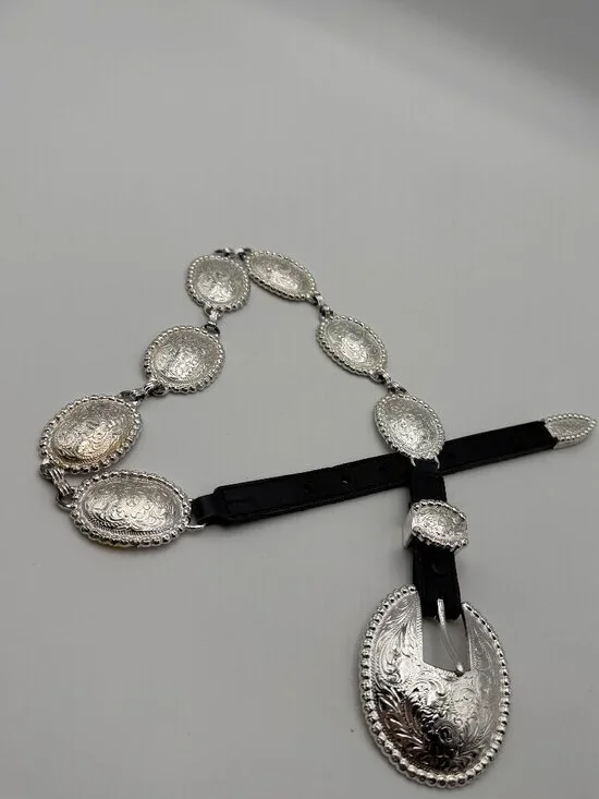 Tony Lama Black Leather Belt with Engraved Silver Conchos