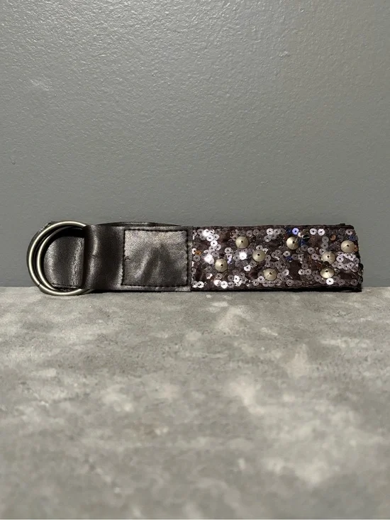 Brown Sequined Belt with Loop Buckle