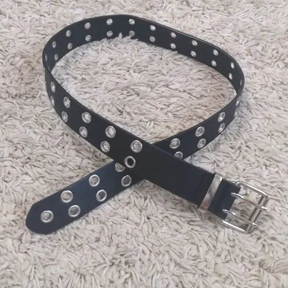 Berksha Black Faux Leather Silver Grommet Belt