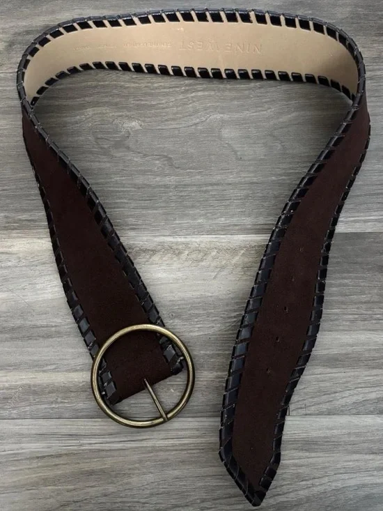 Nine West Brown Suede Belt with Brass Round Buckle