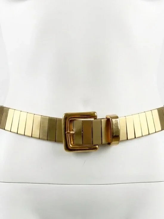 Vintage Gold Tone Metal Segmented Stretch Belt with Rectangle Buckle