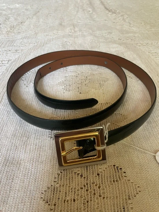 Ralph Lauren Dark Green Leather Belt with Gold-  & Silver Square Buck