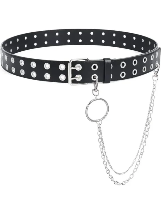Punk Double Grommet Leather Belt with Detachable Chain for Men & Women, Black