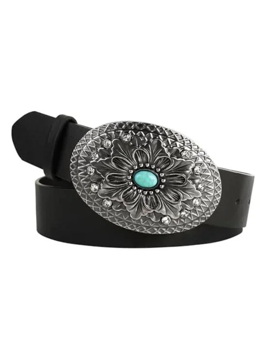 Women's Black Western Belt Turquoise Buckle Vegan Leather Cowgirl Belt