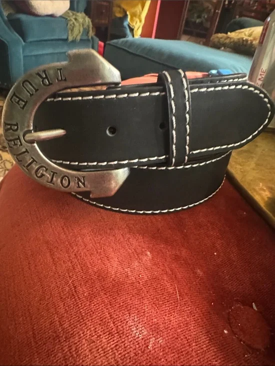 True Religion Black Leather Belt with White Stitching and Branded Buckle